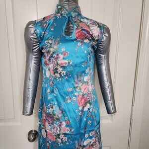 Floral Satin Cheongsam Dress in Teal